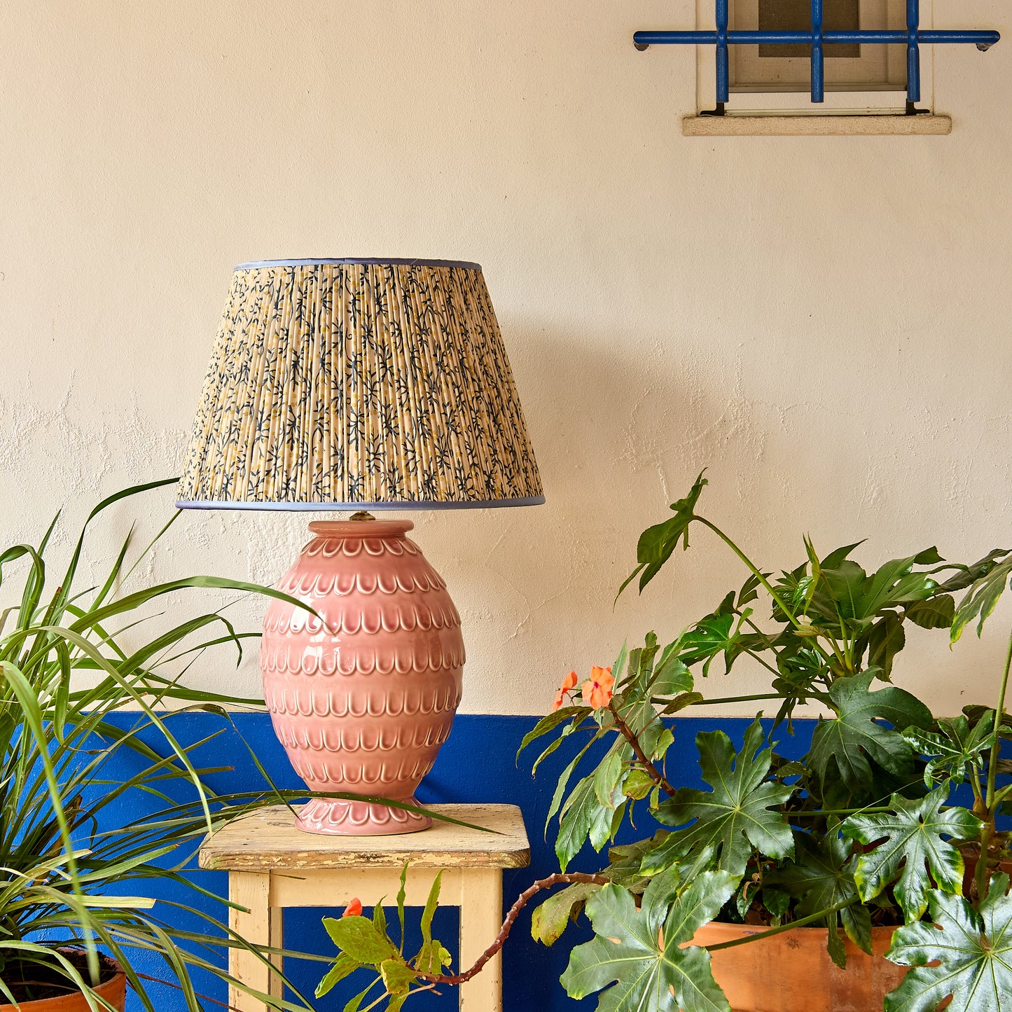Blue/Yellow Juniper Pleated Lampshade with Blue Trim