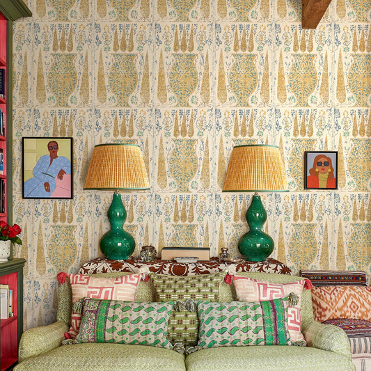 Vasari Saffron/Blue Wide-Width Wallpaper