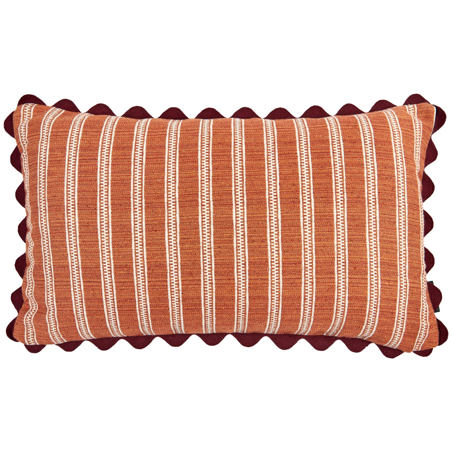 Ticking Stripe Ginger and Diamond Ethnic Nutmeg Cushion with Burgundy Wavy Trim