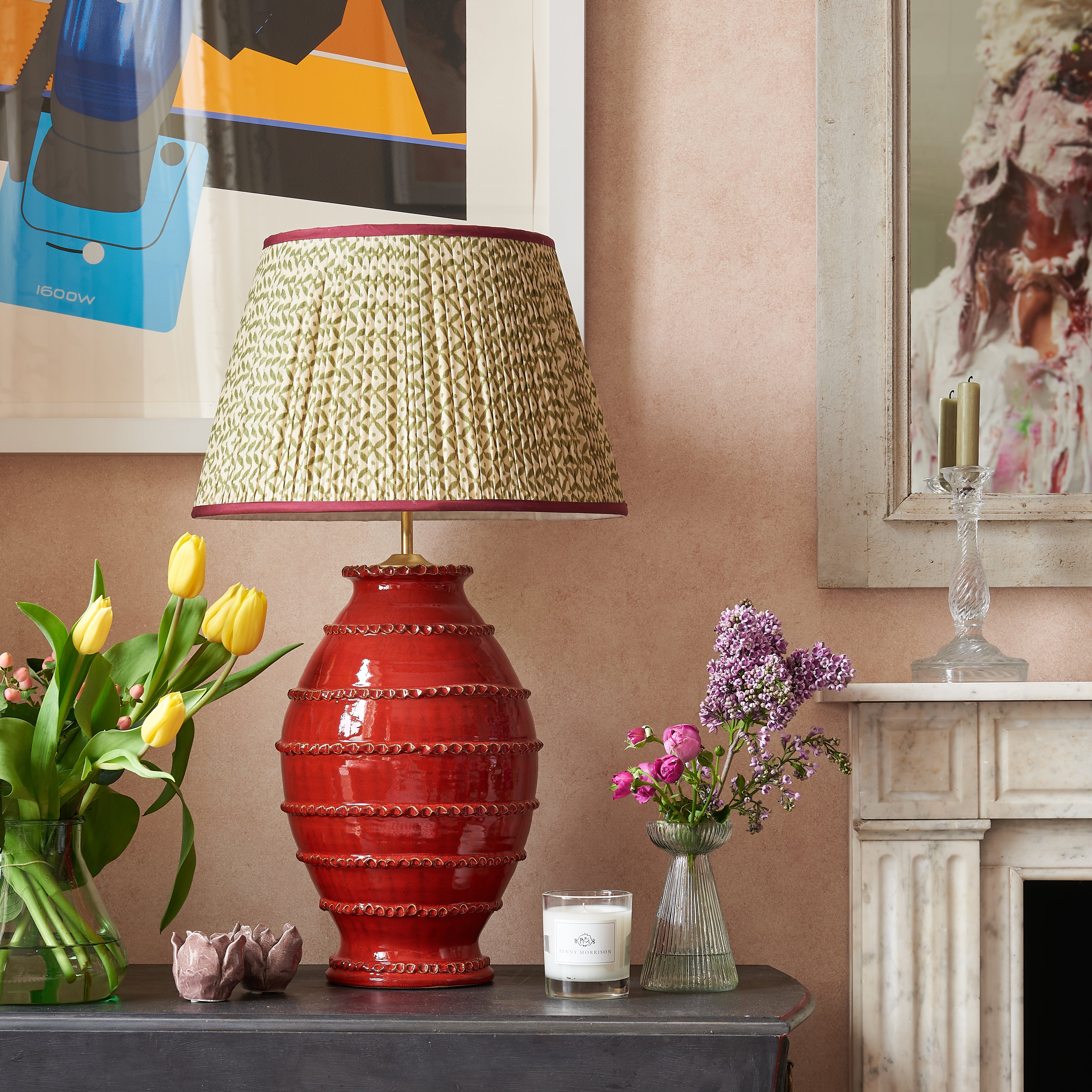 Green Trellis Pleated Silk Lampshade with Burgundy Trim – Penny