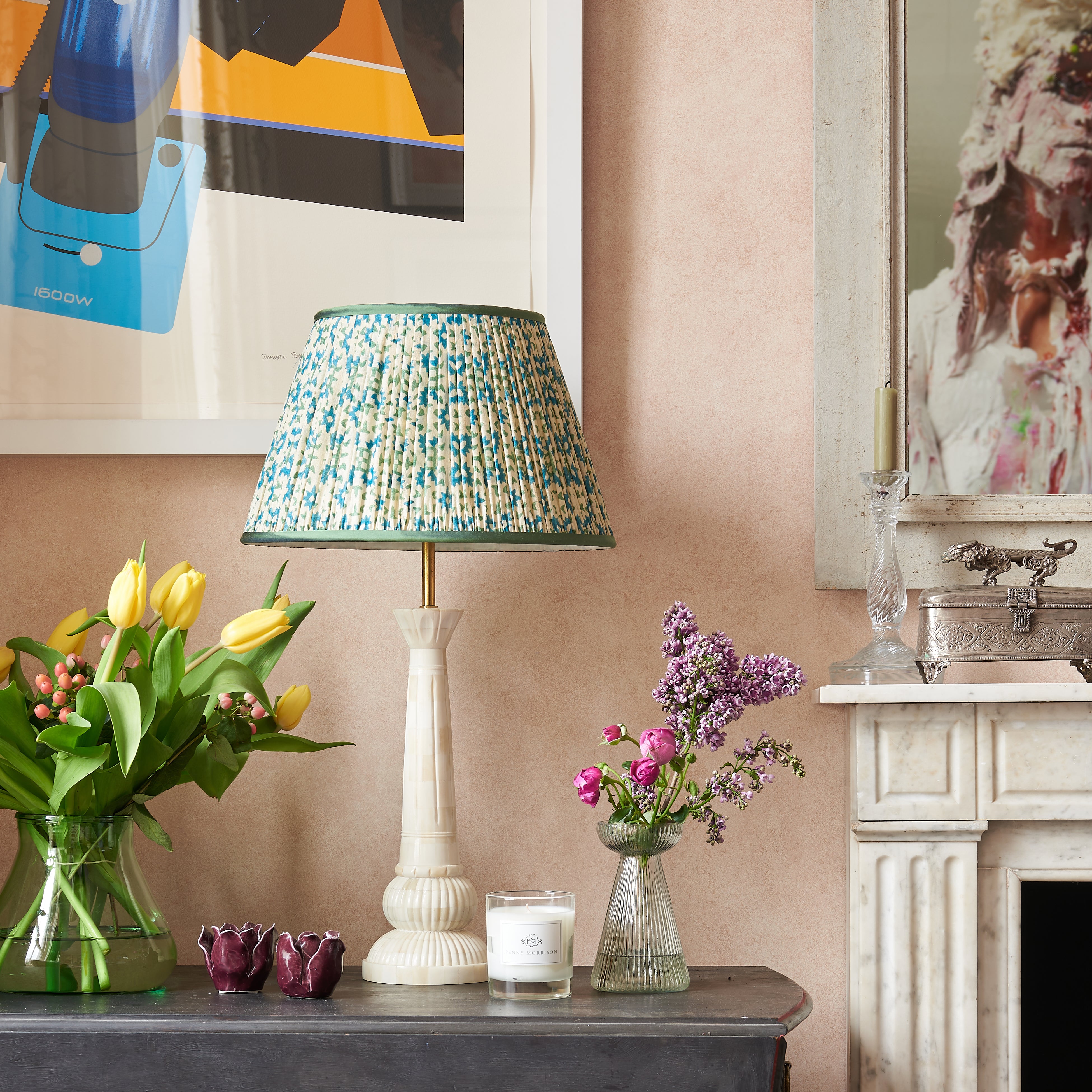 Green and Turquoise Chunky Flower Pleated Silk Lampshade with