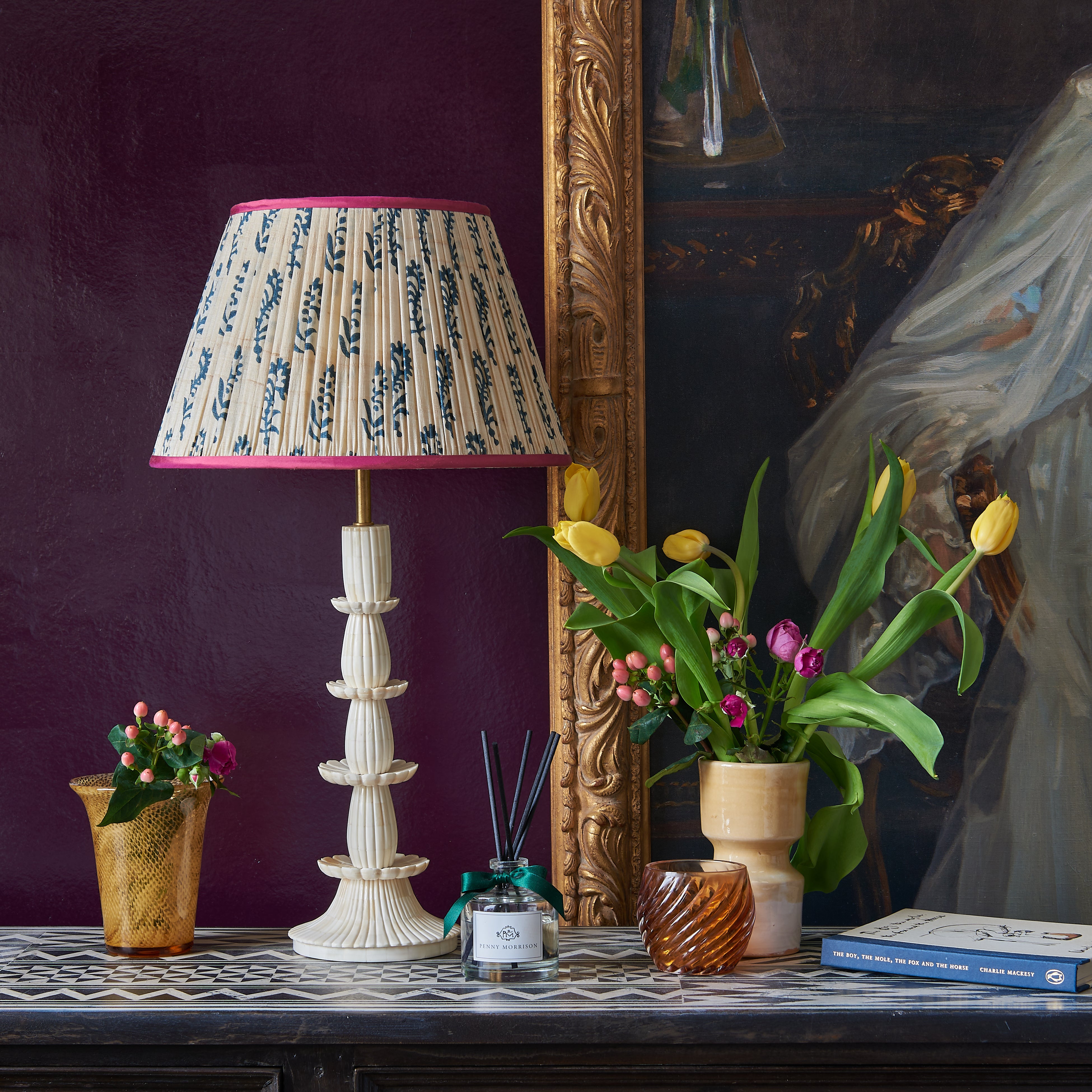 Blue Flower on Cream Pleated Silk Lampshade with Pink Trim – Penny