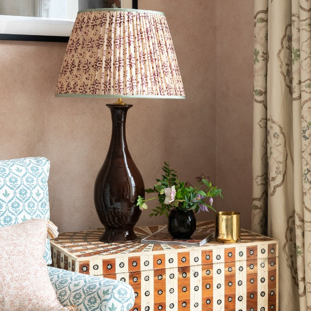 Penny-Morrison-Cream-and-Purple-Patterned-Pleated-Silk-Lampshade-with-Mint-Trim-Straight-Empire-Pleated-Gathered-Unique-Stylish-Colourful-Quirky- Patterned