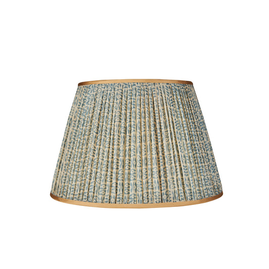 Blue on White Tribal Pleated Silk Lampshade with Gold Trim