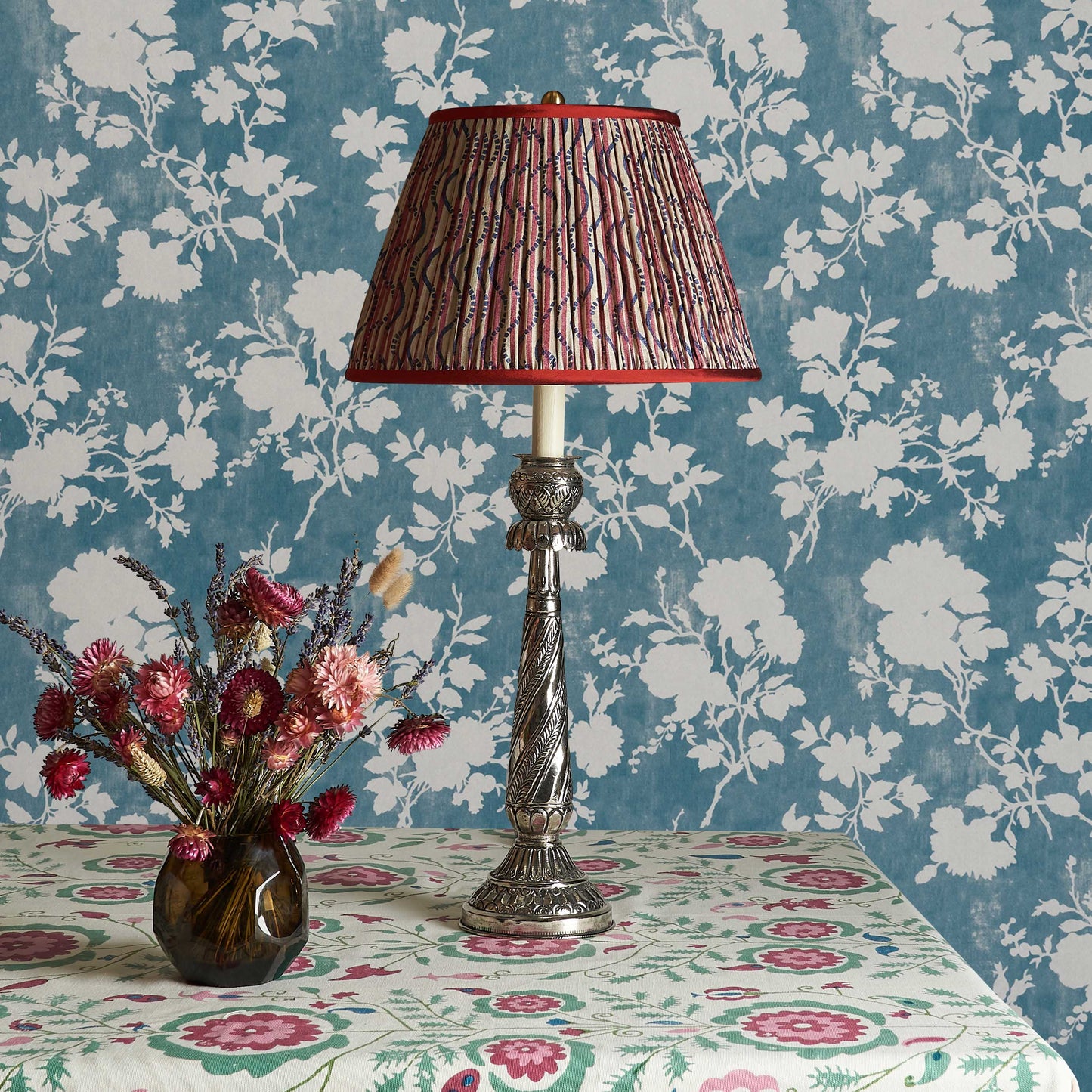Red Stripe and Blue Squiggle Pleated Silk Lamp Shade with Red Trim