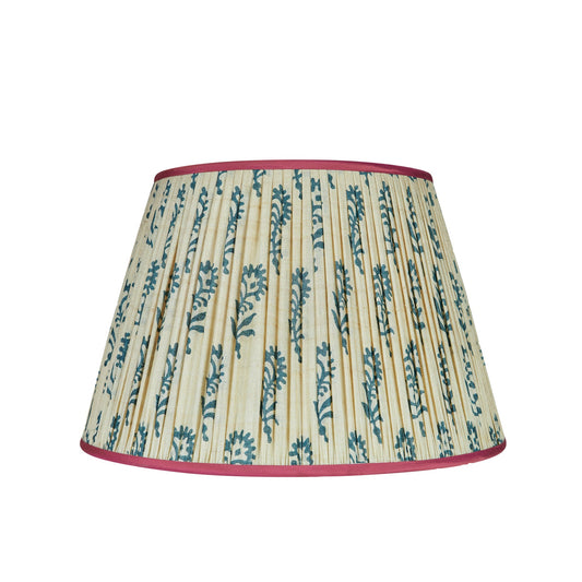 Blue Flower on Cream Pleated Silk Lampshade with Pink Trim