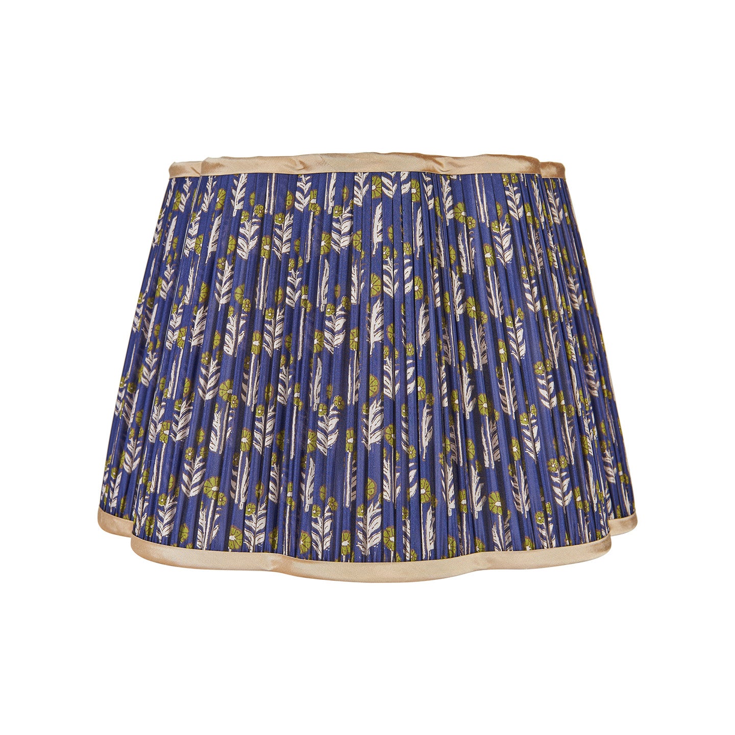 Green on Blue Marigold Pleated Silk Scalloped Lampshade with Gold Trim