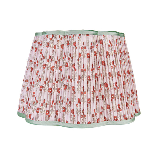 Red on Pink Marigold Pleated Silk Scalloped Lampshade with Mint Trim